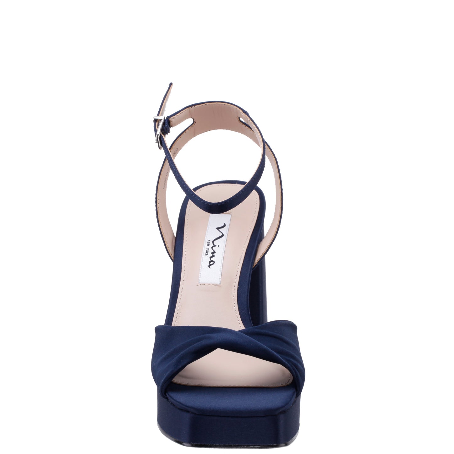Nina Shoes Stacie Blue Satin Block-Heel Platform Sandals with Twist-Front and Ankle-Strap
