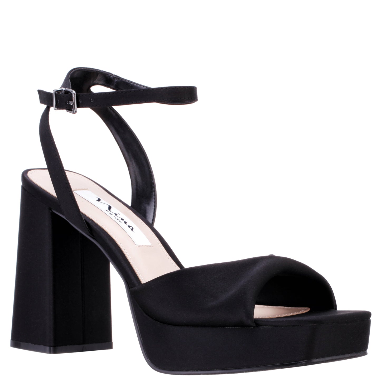 Nina Shoes Stacie Black Satin Block-Heel Platform Sandals with Twist-Front and Ankle-Strap