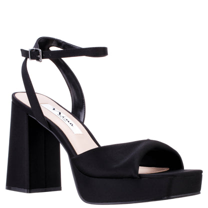 Nina Shoes Stacie Black Satin Block-Heel Platform Sandals with Twist-Front and Ankle-Strap