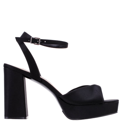 Nina Shoes Stacie Black Satin Block-Heel Platform Sandals with Twist-Front and Ankle-Strap