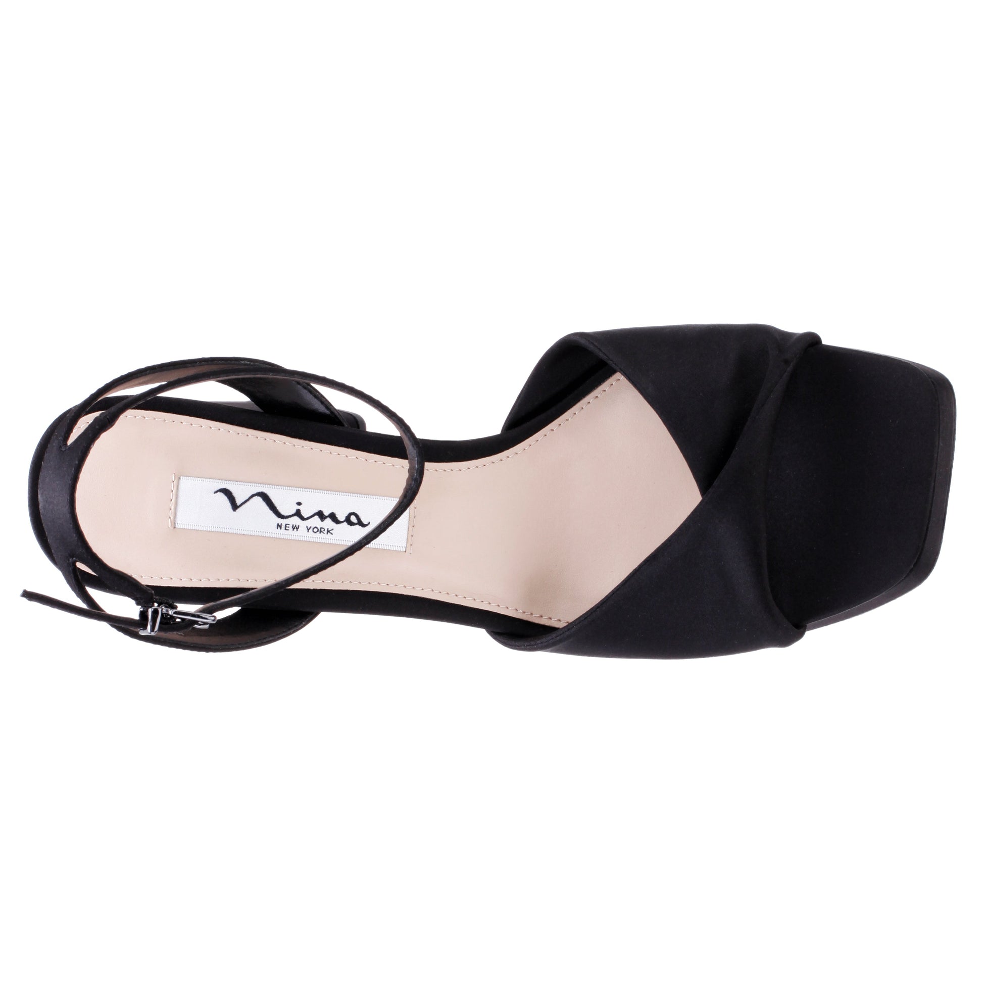 Nina Shoes Stacie Black Satin Block-Heel Platform Sandals with Twist-Front and Ankle-Strap