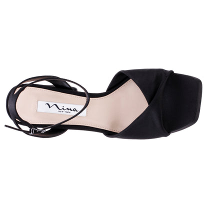 Nina Shoes Stacie Black Satin Block-Heel Platform Sandals with Twist-Front and Ankle-Strap