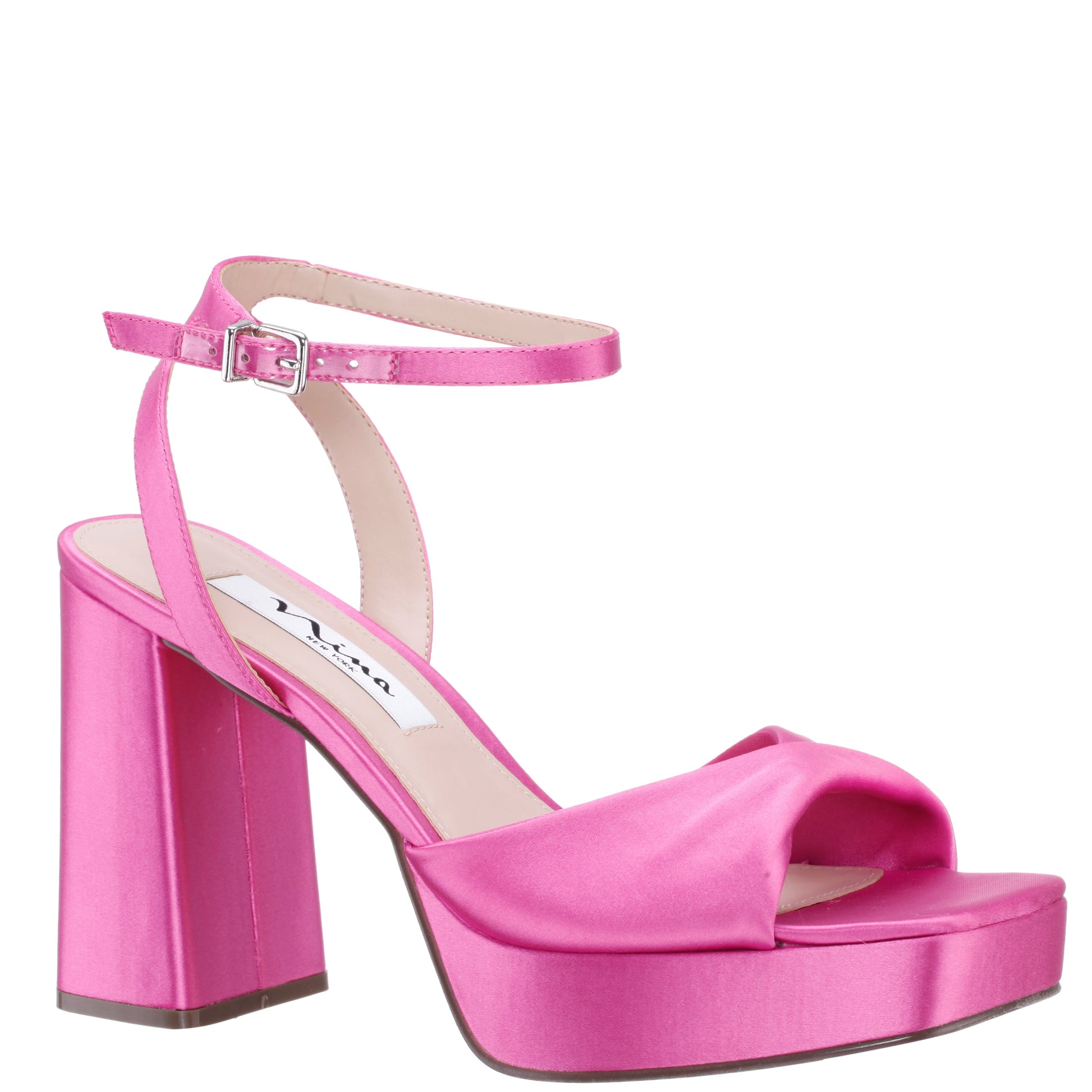 Nina Shoes Stacie Pink Satin Block-Heel Platform Sandals with Twist-Front and Ankle-Strap