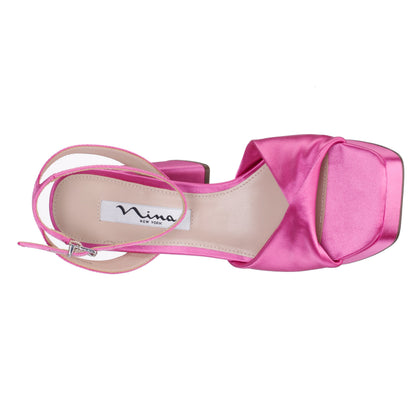 Nina Shoes Stacie Pink Satin Block-Heel Platform Sandals with Twist-Front and Ankle-Strap