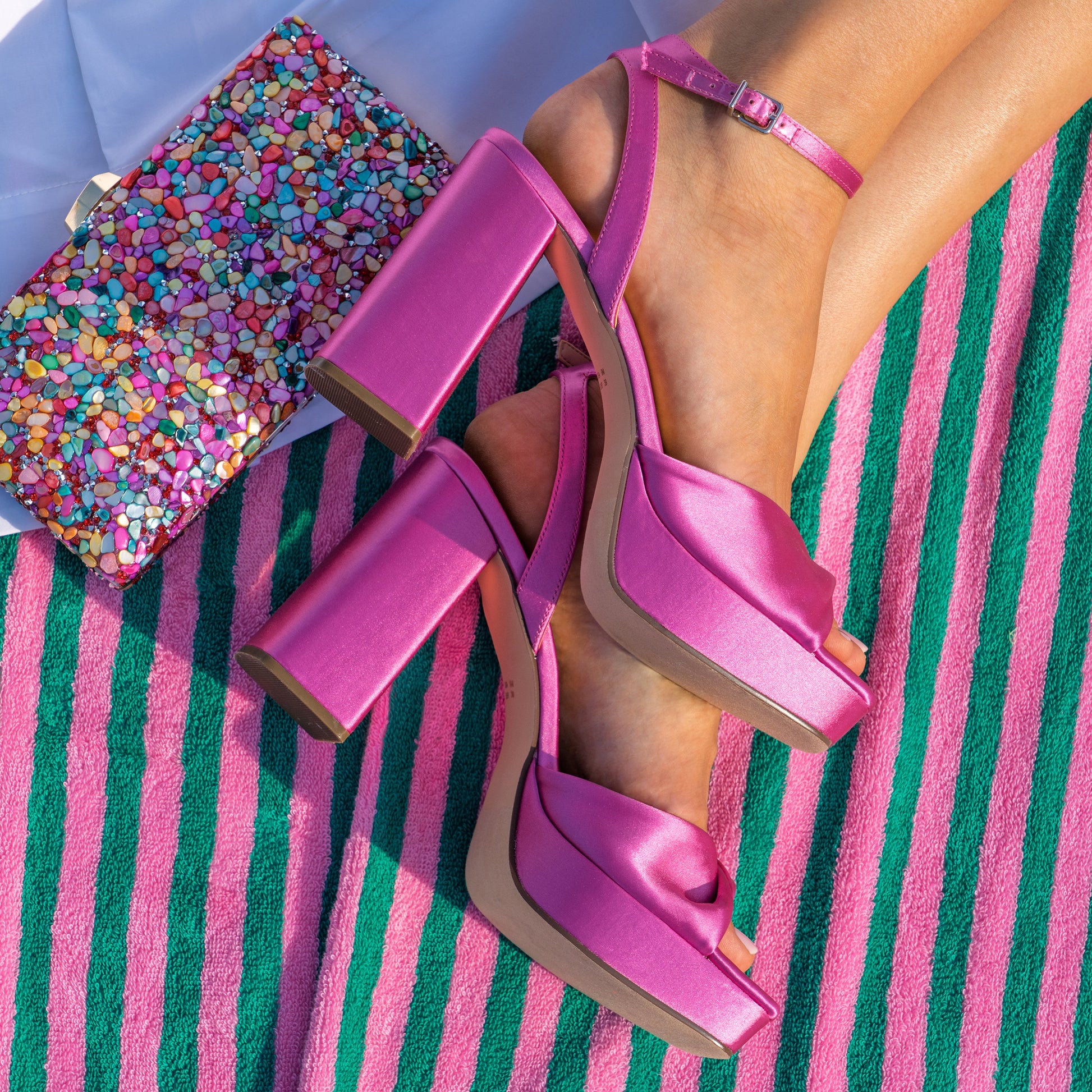 Nina Shoes Stacie Pink Satin Block-Heel Platform Sandals with Twist-Front and Ankle-Strap