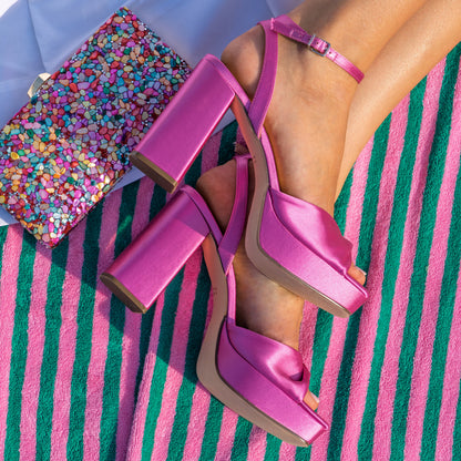 Nina Shoes Stacie Pink Satin Block-Heel Platform Sandals with Twist-Front and Ankle-Strap