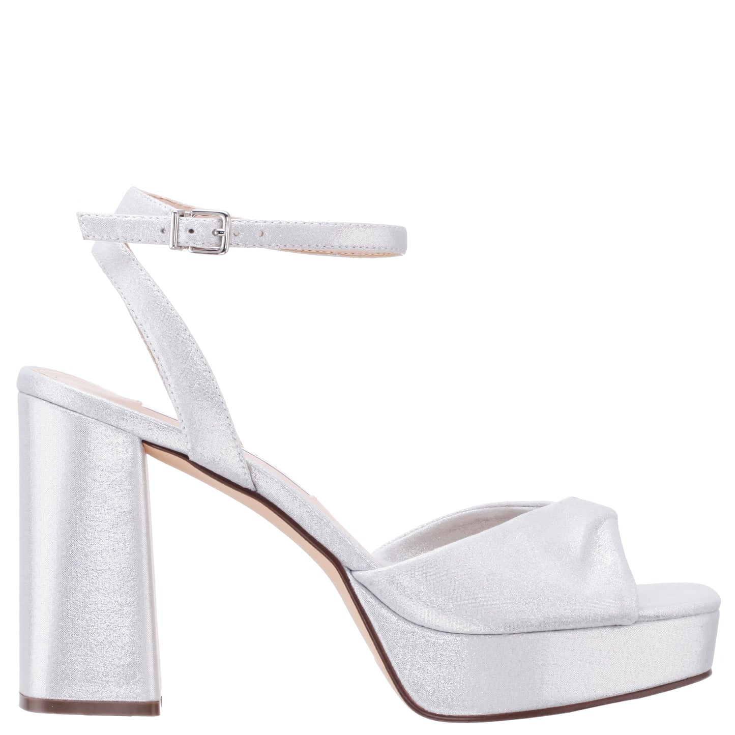 Nina Shoes Stacie True Silver Metallic Suedette Block-Heel Platform Sandals with Twist-Front and Ankle-Strap
