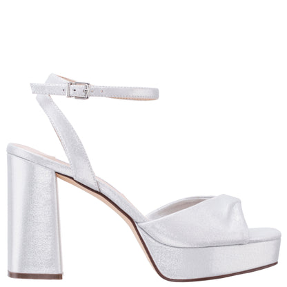 Nina Shoes Stacie True Silver Metallic Suedette Block-Heel Platform Sandals with Twist-Front and Ankle-Strap