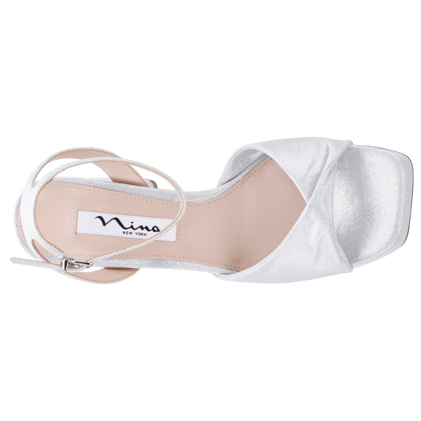 Nina Shoes Stacie True Silver Metallic Suedette Block-Heel Platform Sandals with Twist-Front and Ankle-Strap