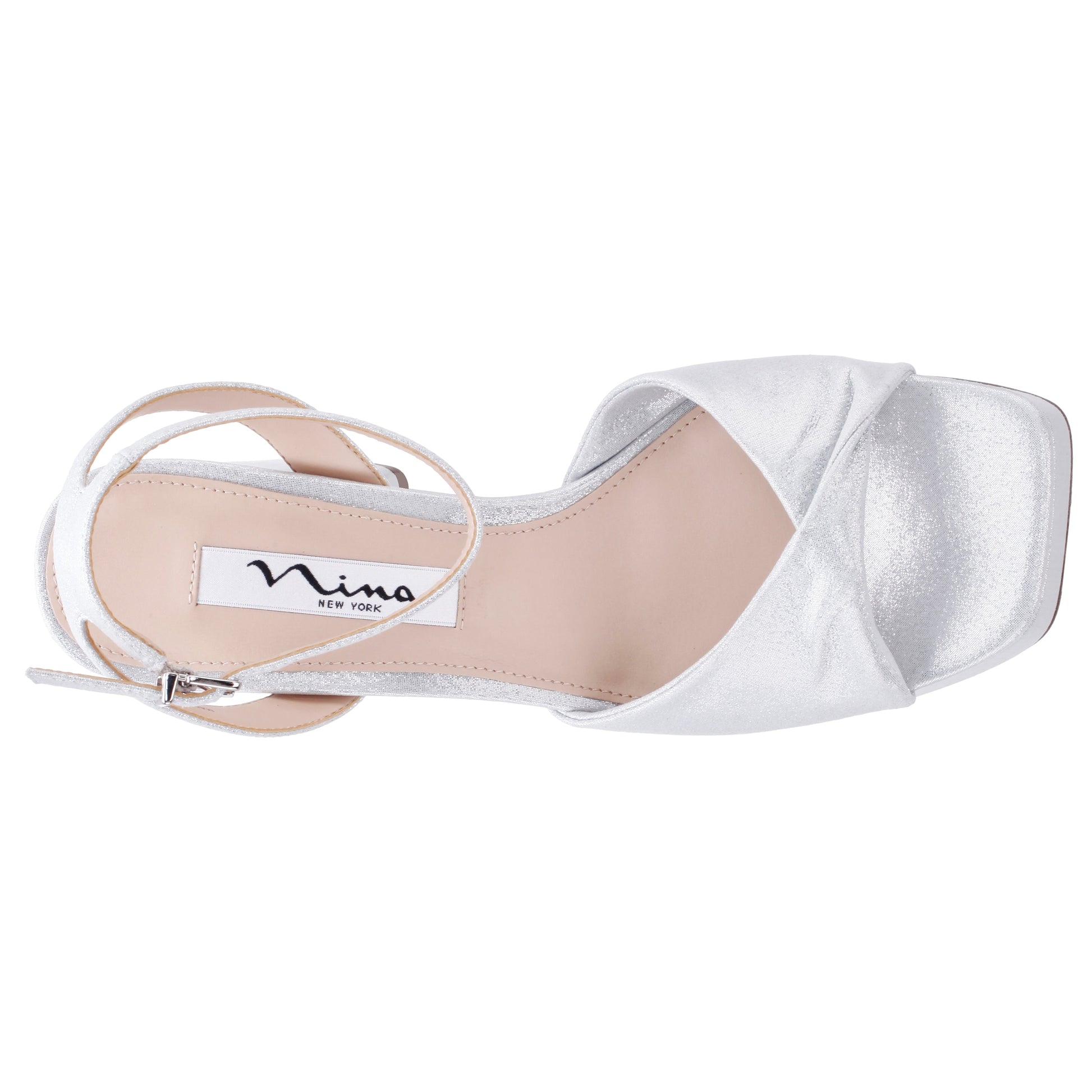 Nina Shoes Stacie True Silver Metallic Suedette Block-Heel Platform Sandals with Twist-Front and Ankle-Strap