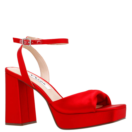 Nina Shoes Stacie Red Satin Block-Heel Platform Sandals with Twist-Front and Ankle-Strap