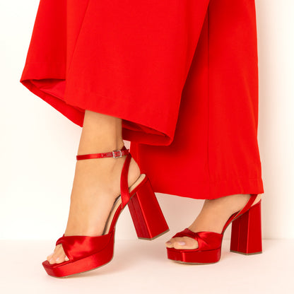 Nina Shoes Stacie Red Satin Block-Heel Platform Sandals with Twist-Front and Ankle-Strap