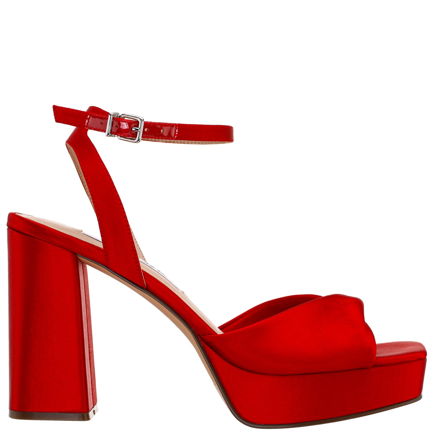 Nina Shoes Stacie Red Satin Block-Heel Platform Sandals with Twist-Front and Ankle-Strap