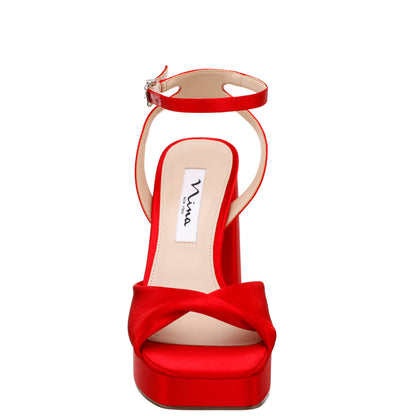 Nina Shoes Stacie Red Satin Block-Heel Platform Sandals with Twist-Front and Ankle-Strap