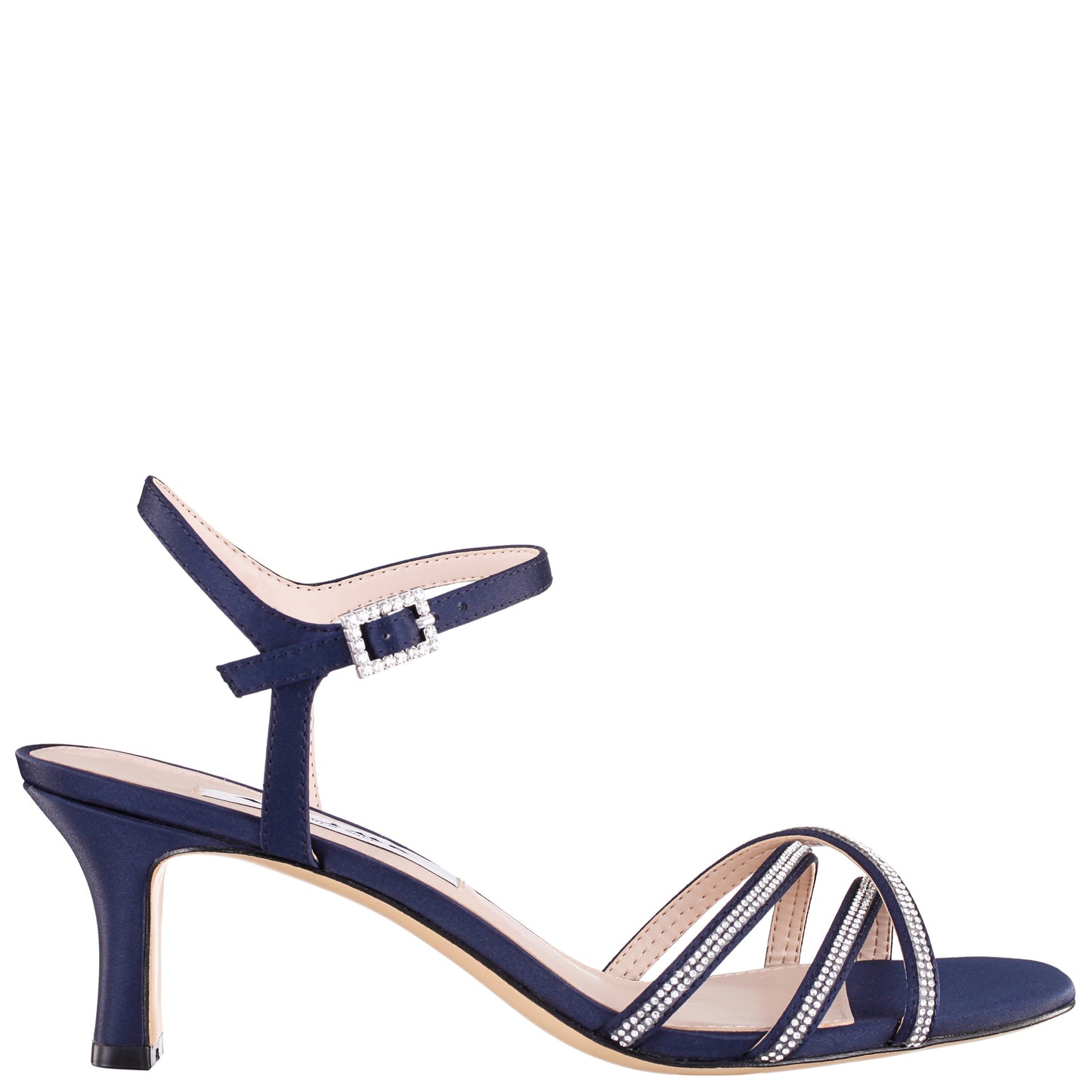 Nina Shoes Bobby Navy Satin Mid-Heel Sandals with Ankle-Strap