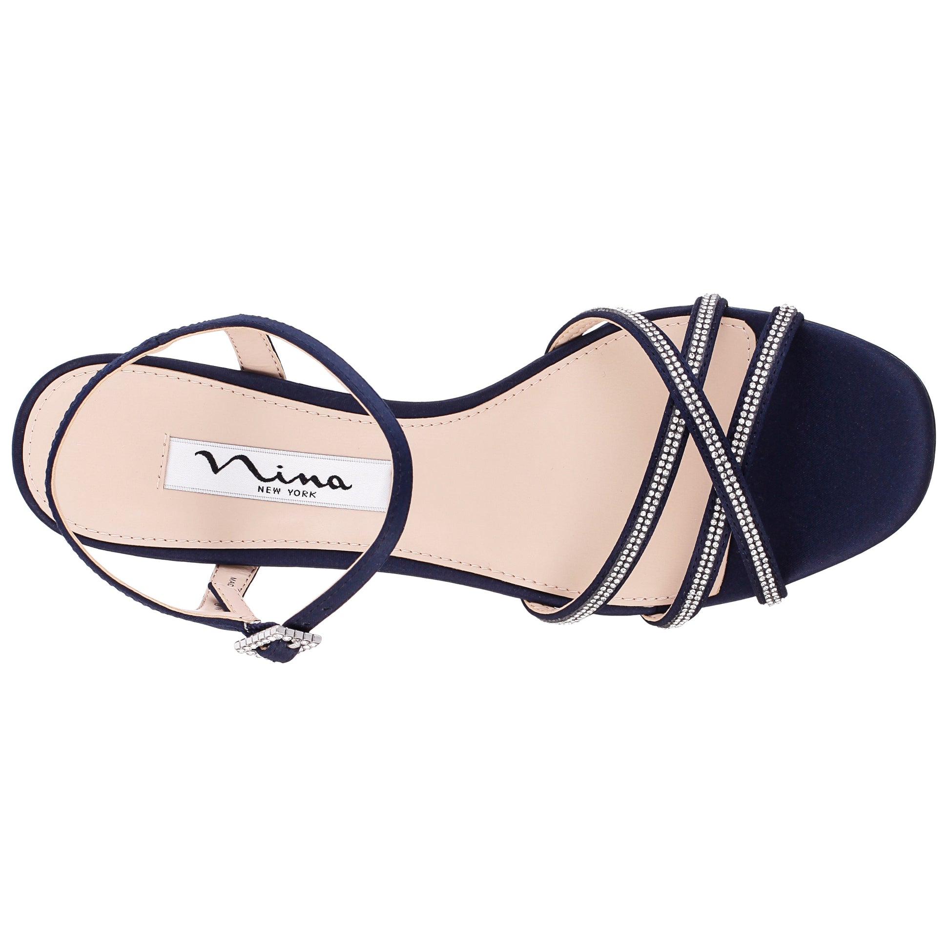 Nina Shoes Bobby Navy Satin Mid-Heel Sandals with Ankle-Strap
