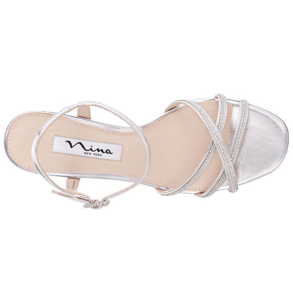 Nina Shoes Bobby Silver Metallic Mid-Heel Sandals with Ankle-Strap