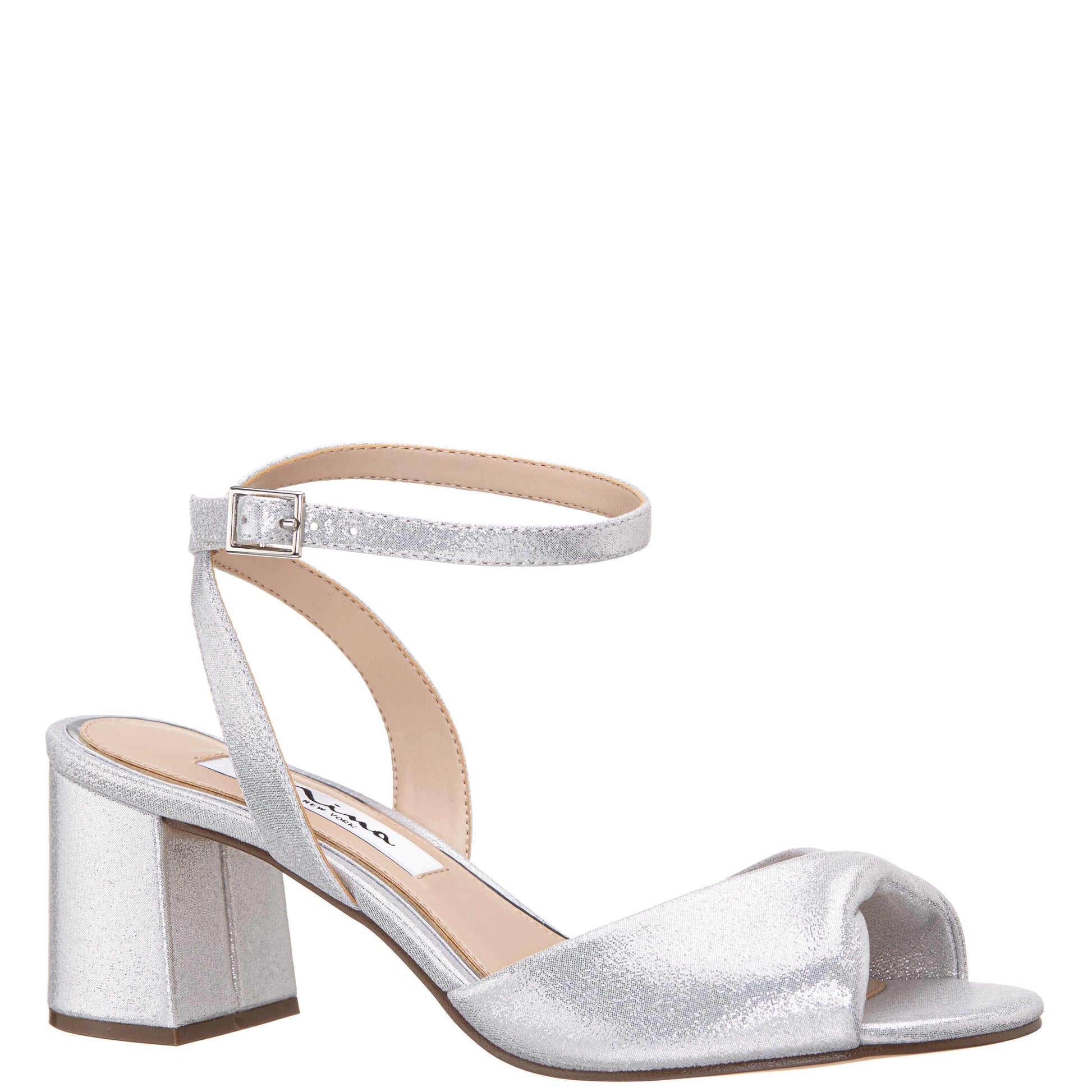 Nina Shoes Nigella True Silver Metallic Suedette Block-Heel Sandals
