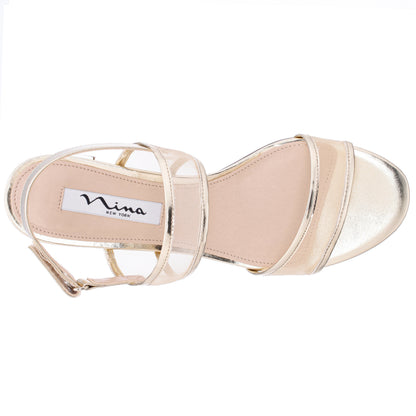 Nina Shoes Ganice Platino Metallic Foil with Mesh Block-Heel Hook & Loop Sandals