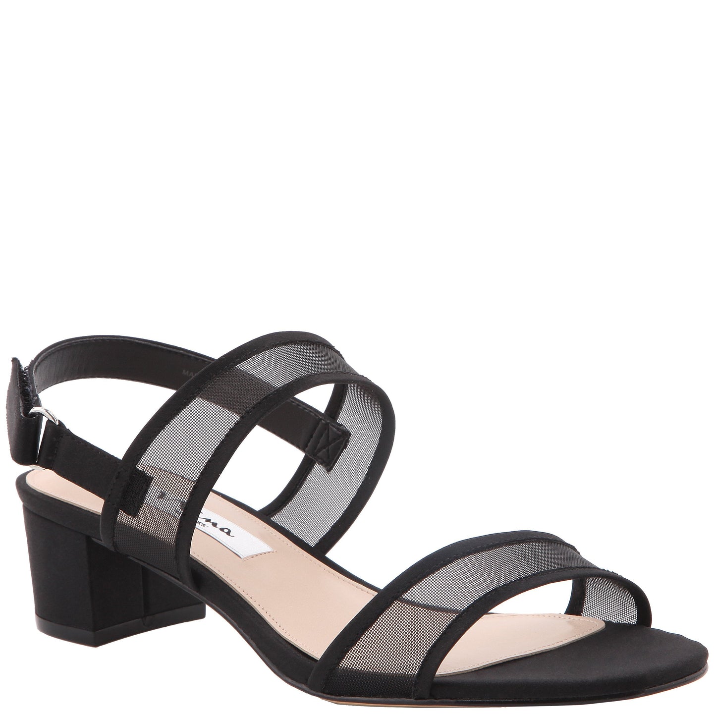 Nina Shoes Ganice Black Satin with Mesh Block-Heel Hook & Loop Sandals