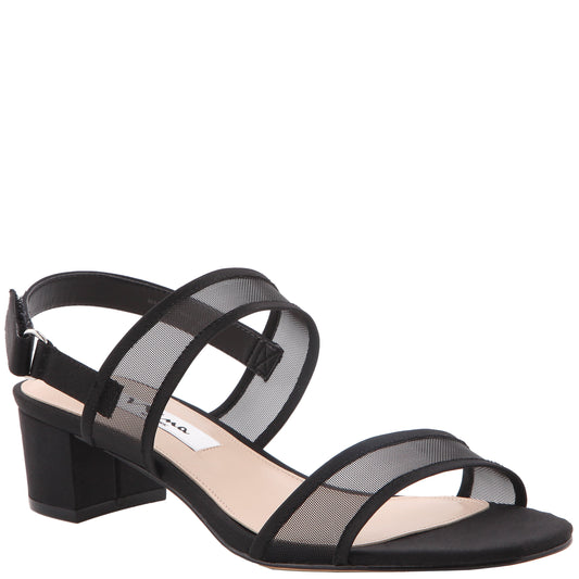 Nina Shoes Ganice Black Satin with Mesh Block-Heel Hook & Loop Sandals