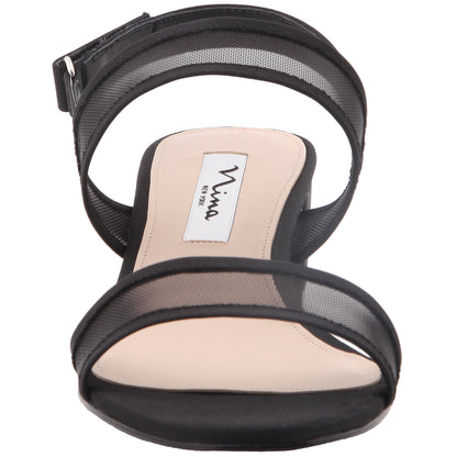 Nina Shoes Ganice Black Satin with Mesh Block-Heel Hook & Loop Sandals