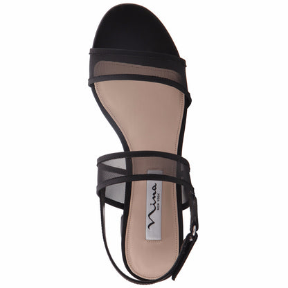 Nina Shoes Ganice Black Satin with Mesh Block-Heel Hook & Loop Sandals