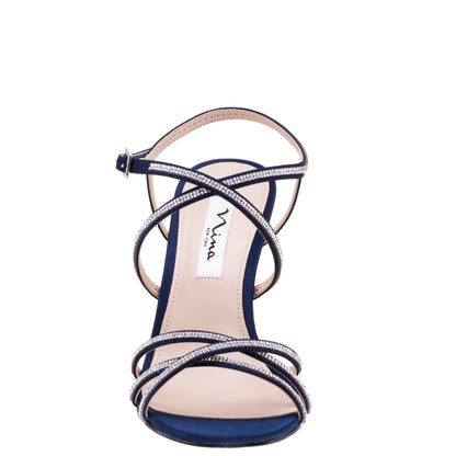Nina Shoes Anna Navy Satin Mid-Heel Sandals