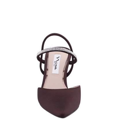 Nina Shoes Billie Brown Satin Mid-Heel Pumps