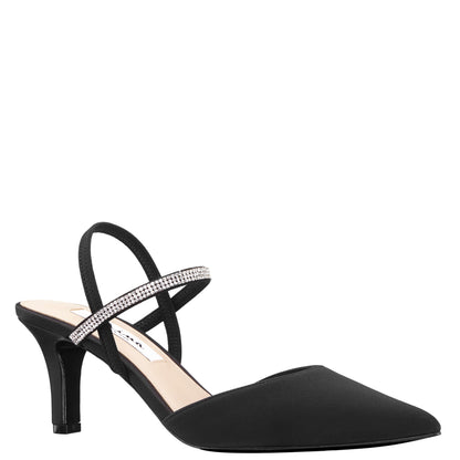 Nina Shoes Billie Black Satin Mid-Heel Pumps