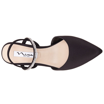 Nina Shoes Billie Black Satin Mid-Heel Pumps