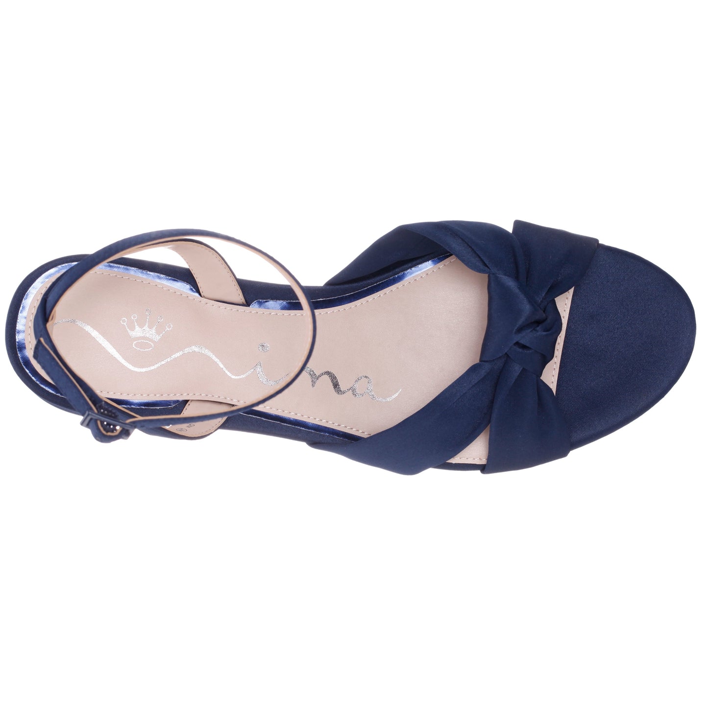 Nina Shoes Sulma Blue Satin Block-Heel Flat Sandals with Ankle-Strap