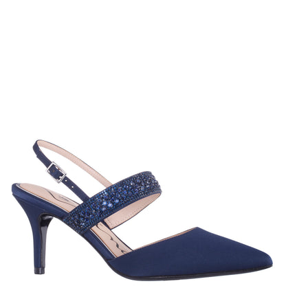 Nina Shoes Trista Navy Satin Sling Back Mid-Heel Pumps