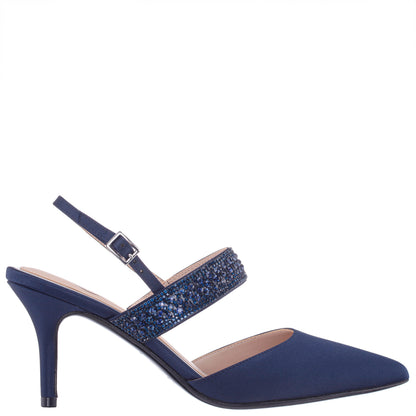 Nina Shoes Trista Navy Satin Sling Back Mid-Heel Pumps