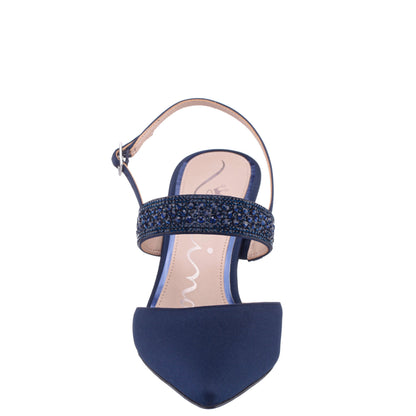 Nina Shoes Trista Navy Satin Sling Back Mid-Heel Pumps