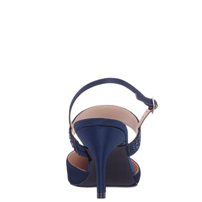 Nina Shoes Trista Navy Satin Sling Back Mid-Heel Pumps