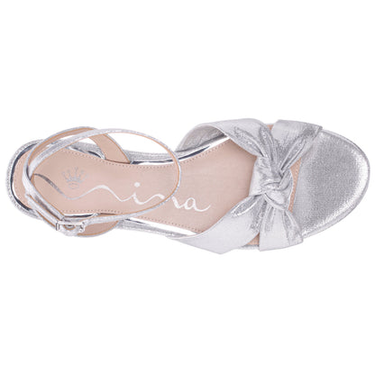 Nina Shoes Sulma Silver Metallic Suedette Block-Heel Flat Sandals with Ankle-Strap
