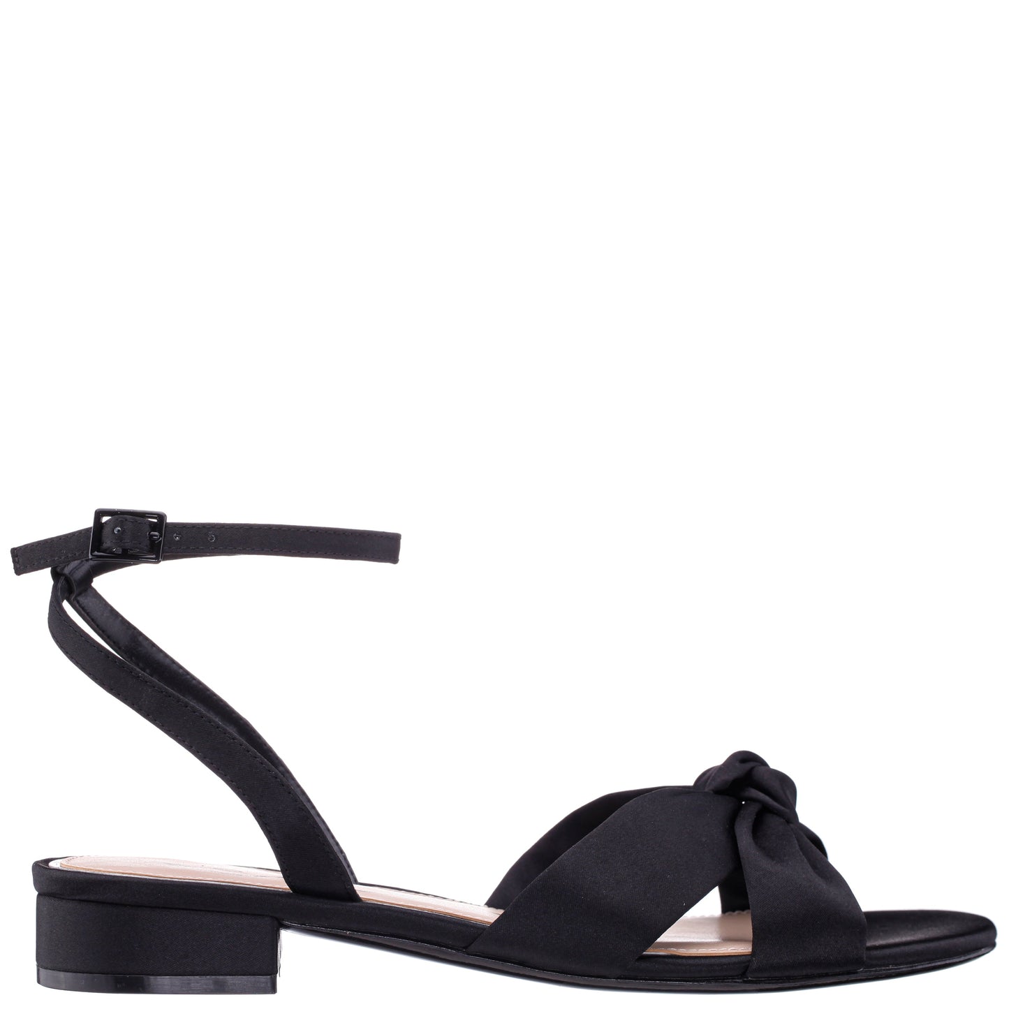 Nina Shoes Sulma Black Satin Block-Heel Flat Sandals with Ankle-Strap