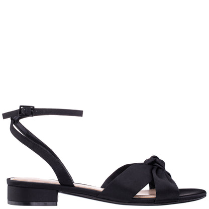 Nina Shoes Sulma Black Satin Block-Heel Flat Sandals with Ankle-Strap