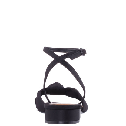 Nina Shoes Sulma Black Satin Block-Heel Flat Sandals with Ankle-Strap