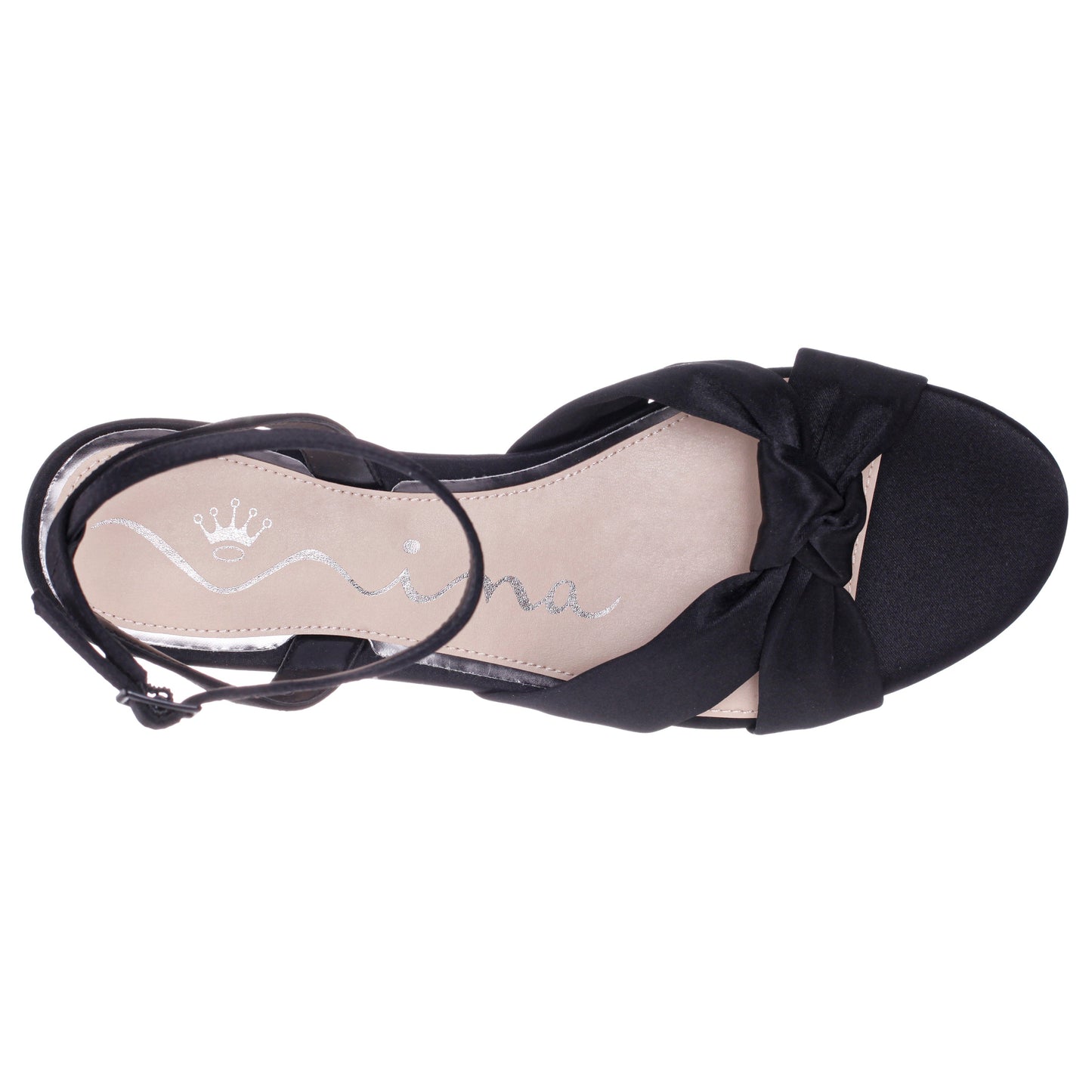Nina Shoes Sulma Black Satin Block-Heel Flat Sandals with Ankle-Strap