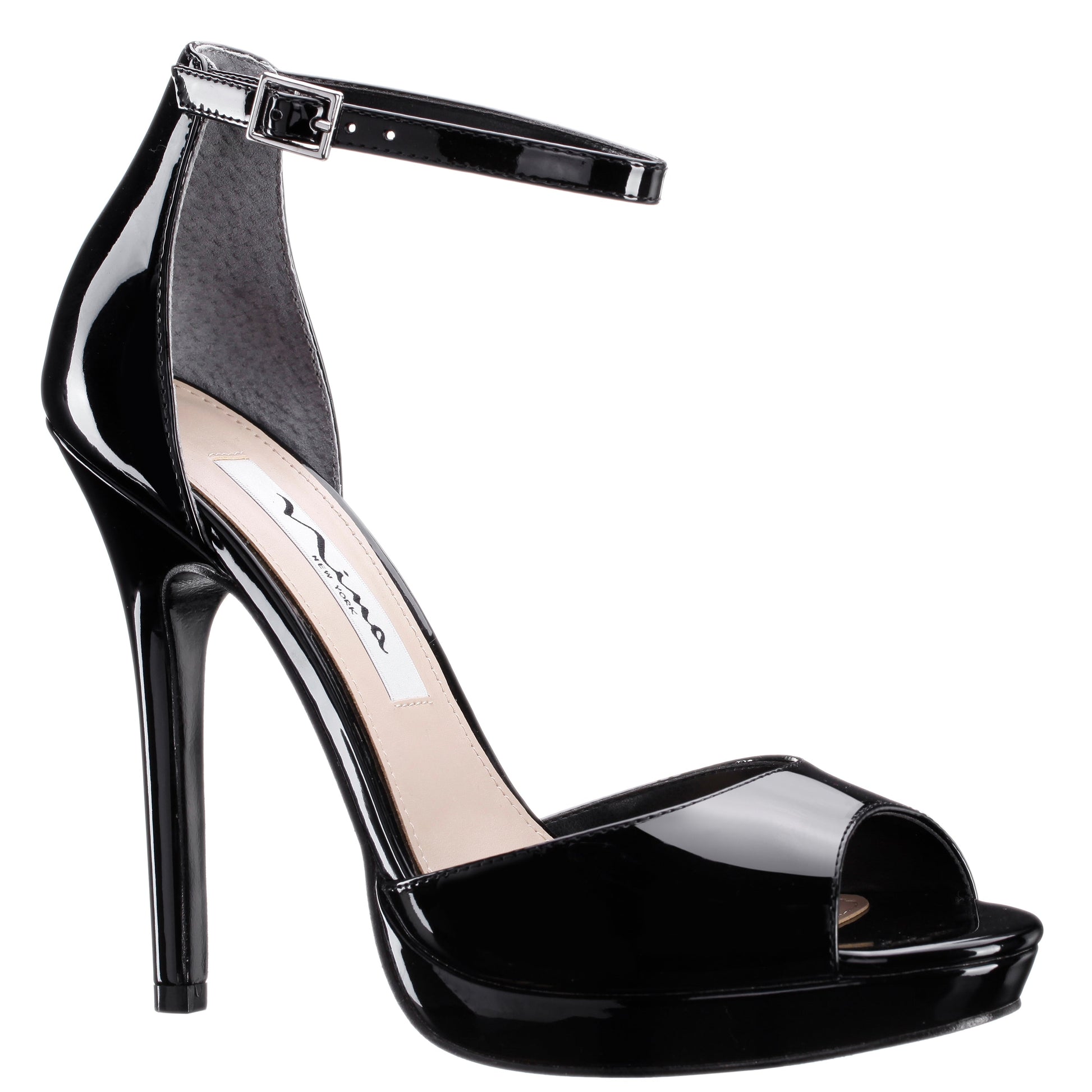 Nina Shoes Famia Black Patent Leatherette Stiletto Platform Sandals with Ankle-Strap