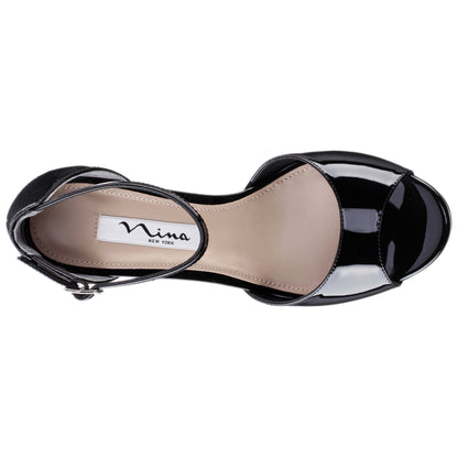 Nina Shoes Famia Black Patent Leatherette Stiletto Platform Sandals with Ankle-Strap