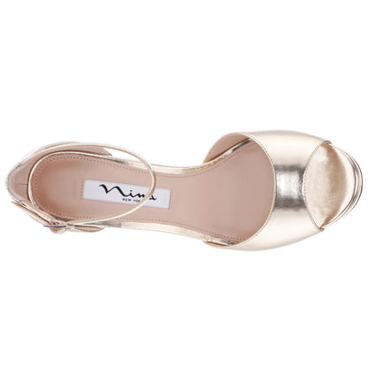 Nina Shoes Famia Platino Metallic Stiletto Platform Sandals with Ankle-Strap