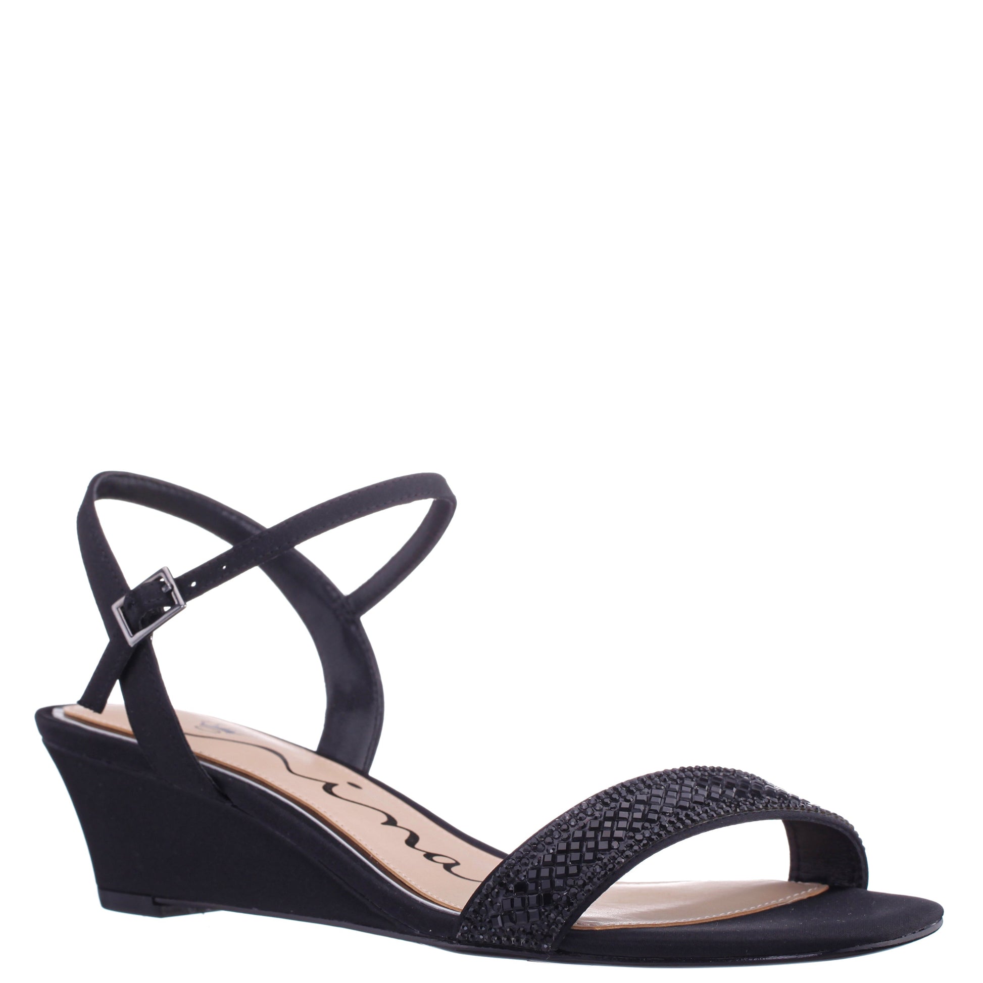Nina Shoes Vonda Black Satin Low-Heel Wedge Sandal