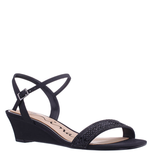 Nina Shoes Vonda Black Satin Low-Heel Wedge Sandal