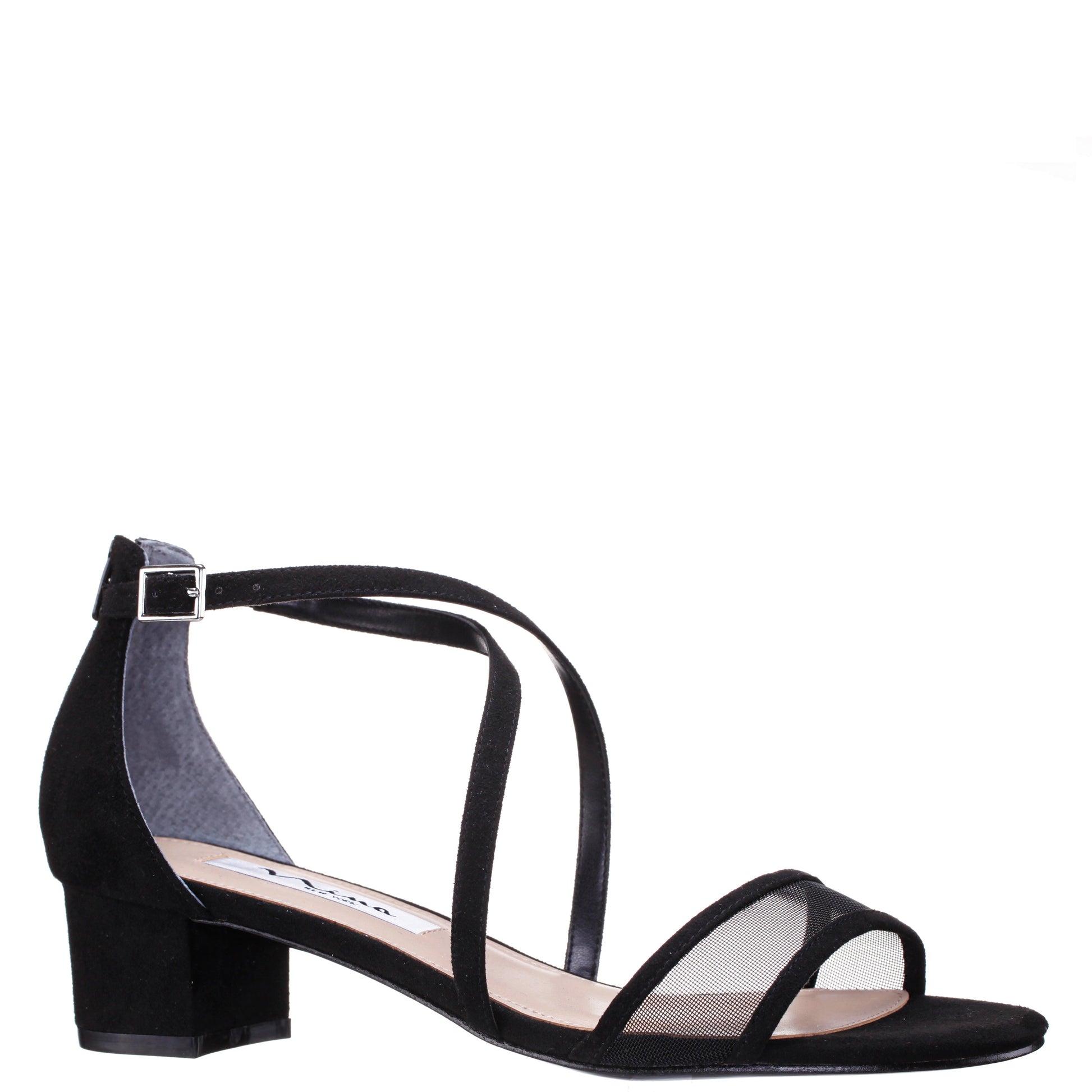Nina Shoes Ginette Black Satin With Mesh Block-Heel Sandals with Ankle-Strap