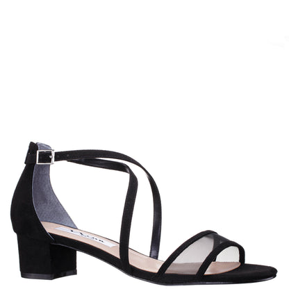 Nina Shoes Ginette Black Satin With Mesh Block-Heel Sandals with Ankle-Strap