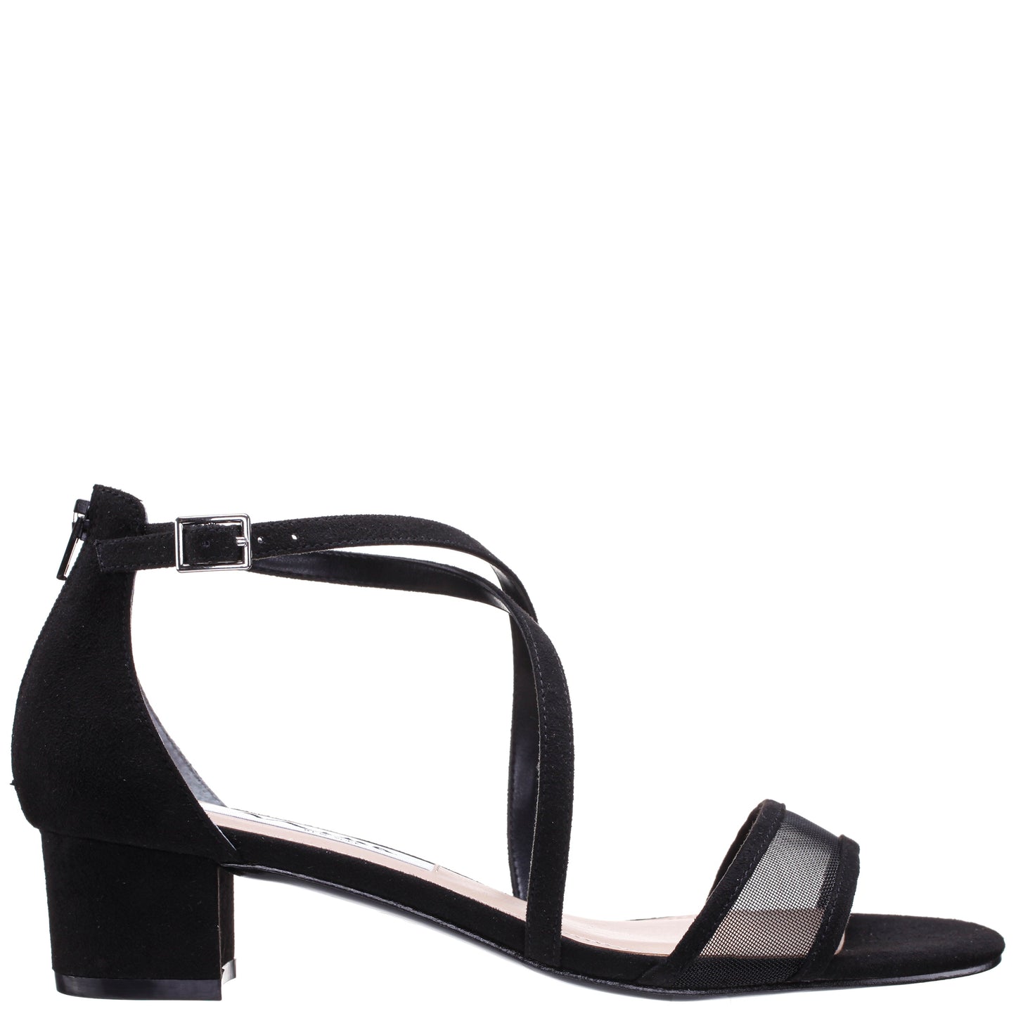 Nina Shoes Ginette Black Satin With Mesh Block-Heel Sandals with Ankle-Strap