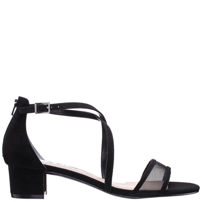 Nina Shoes Ginette Black Satin With Mesh Block-Heel Sandals with Ankle-Strap